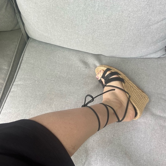 Andre Assous Sexy Black Strappy Wedge Leather Lace-up Espadrille Sandals - Picture 12 of 14